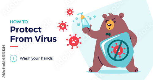 Disinfect and protect from virus vector illustration, cute bear character. Protect from covid-19 virus for kids concept - children, wash your hands. Fight virus and defend virus, avoid corona viruses