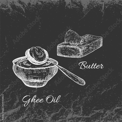 Hand Drawn White Vintage Ghee Oil and Butter on Dark Backdrop