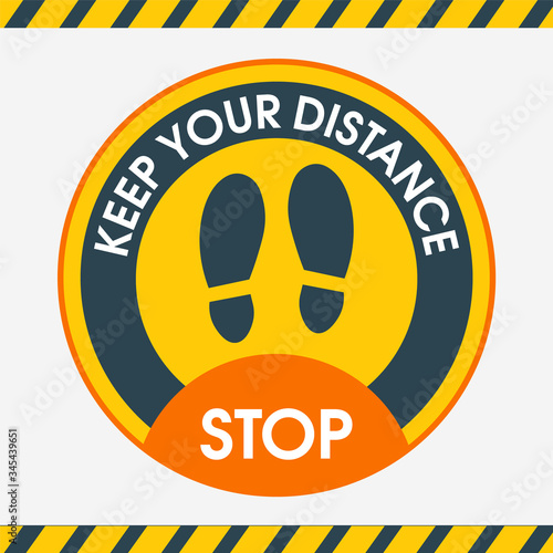 Keep Your Distance. Round floor marking shoe prints social distancing Instruction Icon. Vector Image. Stickers for public places where there are a lot of people