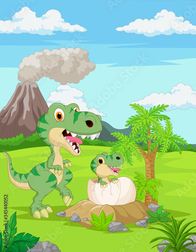 Cartoon Mother tyrannosaurus with baby hatching