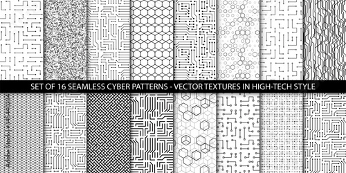 Vector set of geometric seamless patterns with microchip or circuit board elements. Monochrome textures. Technology concept. Usable as wrapping paper, website background.