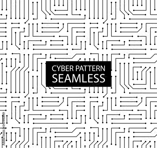 Seamless monochrome electronic pattern. Vector circuit board background in high-tech style. Cyber texture