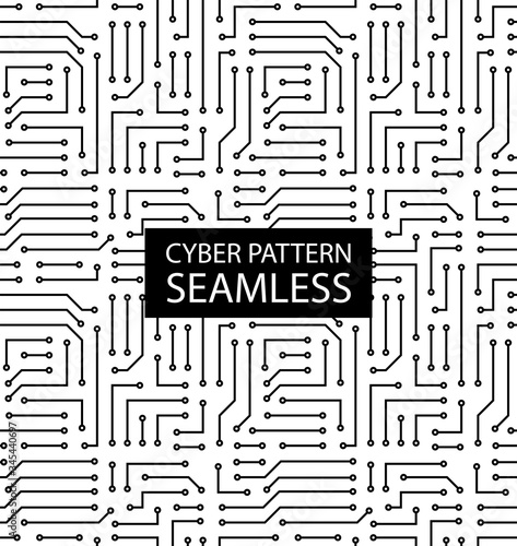Seamless monochrome electronic pattern. Vector circuit board background in high-tech style. Cyber texture