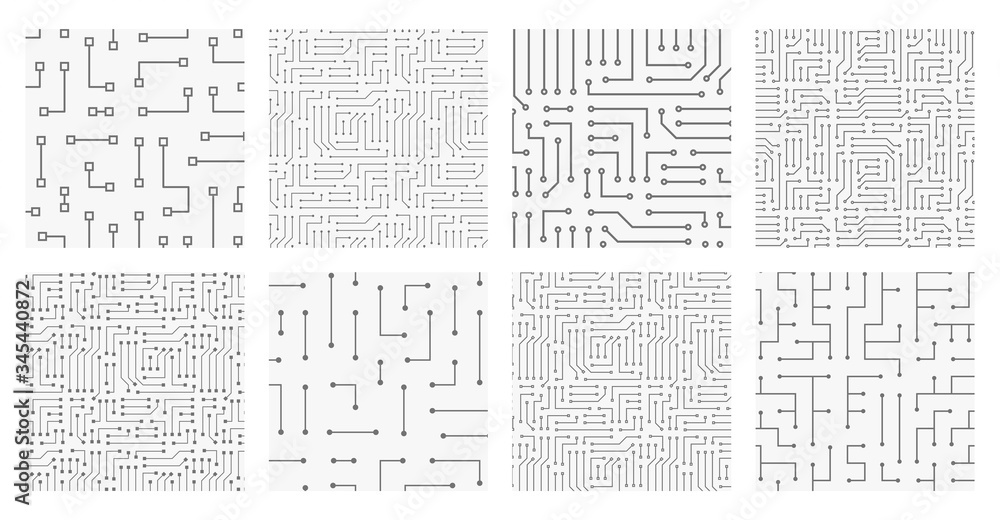 Collection of 8 seamless monochrome electronic pattern. Vector illustrations of circuit board. Cyber high-tech textures.