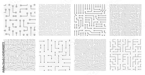 Collection of 8 seamless monochrome electronic pattern. Vector illustrations of circuit board. Cyber high-tech textures.