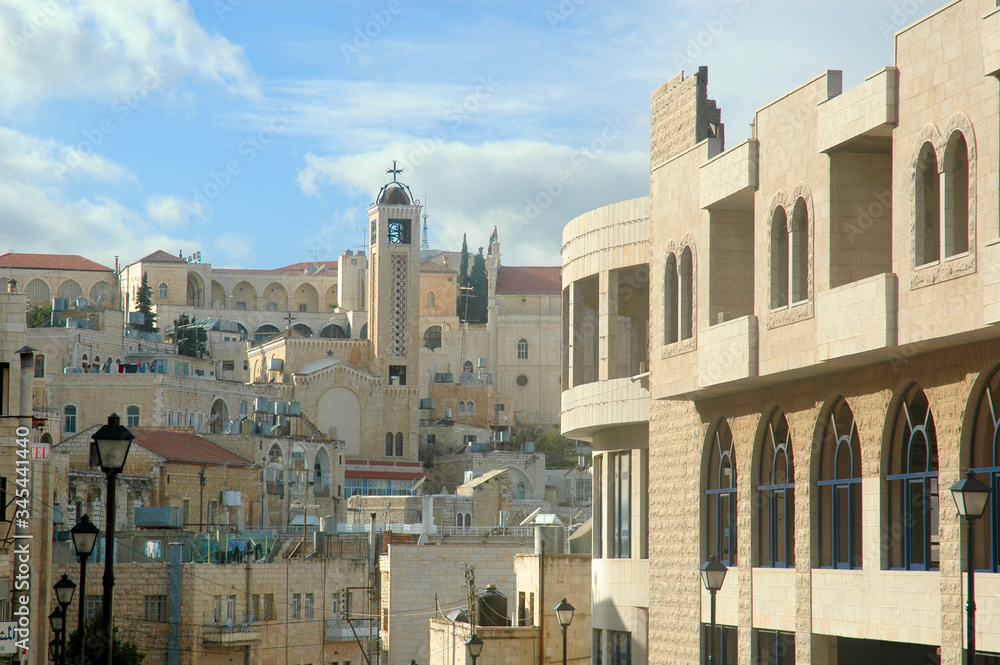 Church on a hill in Bethlehem, Palestinian Territory, Israel., with a view of the surrounding area.
