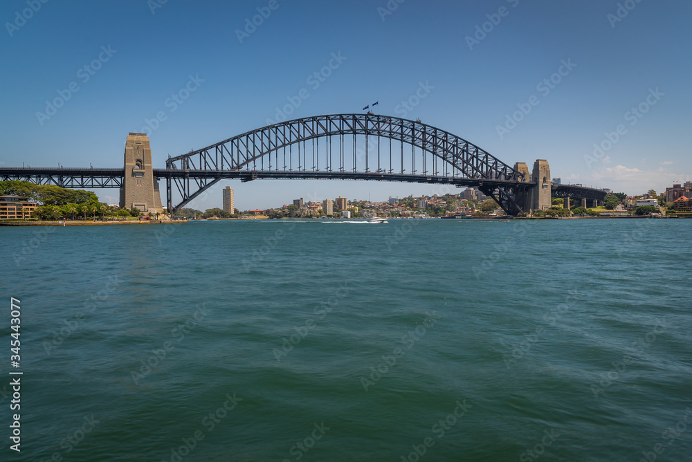 In front of Sydney Harbour Bridge on a sunny day at circular quay in Sydney, Australia