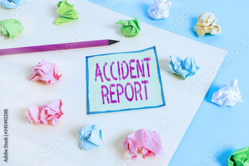 Conceptual hand writing showing Accident Report. Concept meaning A form that is filled out record details of an unusual event Colored crumpled paper empty reminder blue yellow clothespin photo