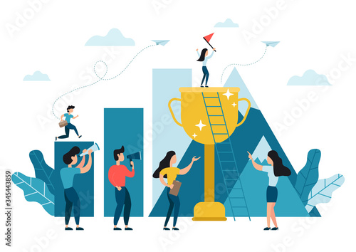 Business woman standing up on top of the big trophy cup reaching the flag, challenge carrer, path to the goal. Business concept growth to success, reach the target, creative ideas.