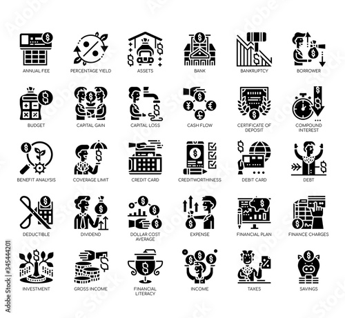 Set of financial literacy thin line and pixel perfect icons for any web and app project.