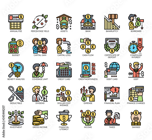 Set of financial literacy thin line and pixel perfect icons for any web and app project.