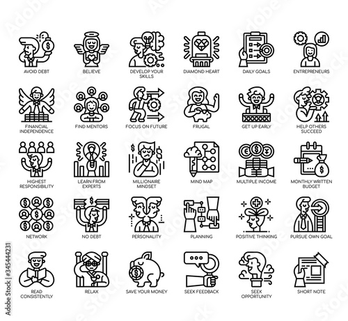 Set of millionaire habit thin line and pixel perfect icons for any web and app project.