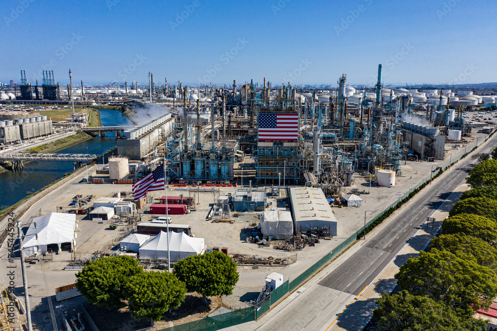 American Oil Refinery Aerial Photo with US Flags Industrial Gas Fuel Factory