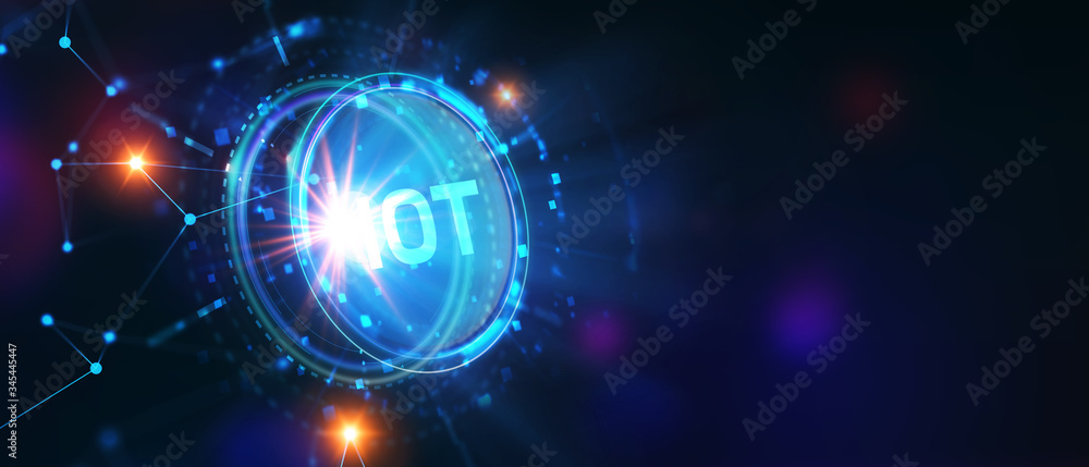 Fototapeta premium Internet of things - IOT concept. Businessman offer IOT products and solutions. Young businessman select the abstract chip with text IoT on the virtual display.