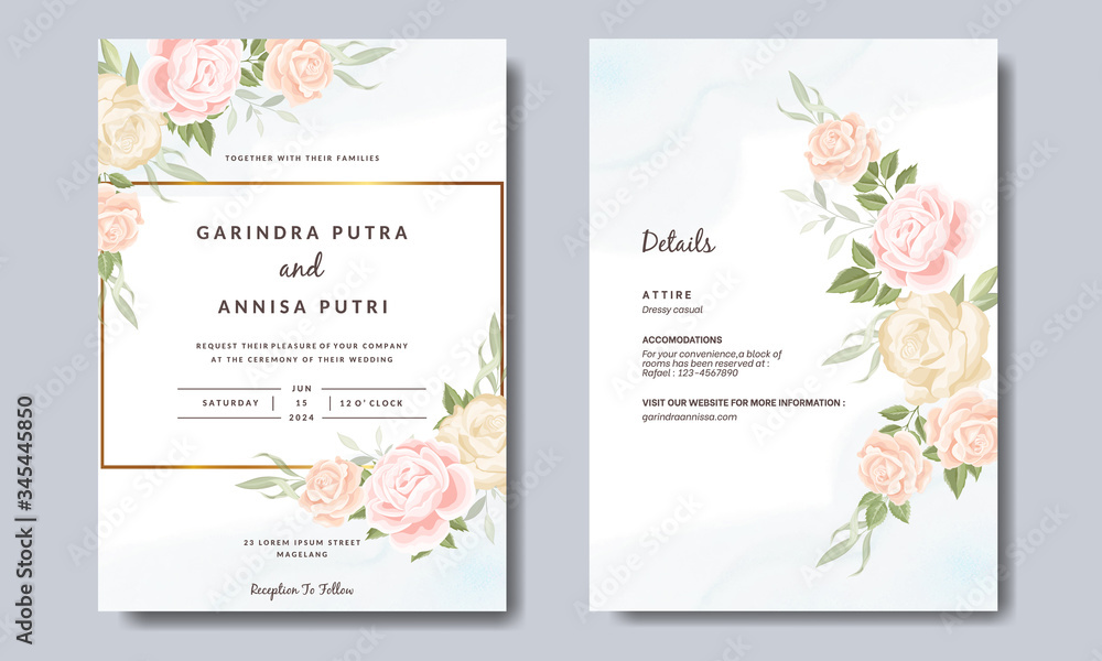 Beautiful floral wreath wedding invitation card template Premium Vector