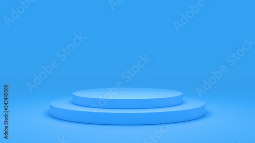 Empty 3d podium minimal studio blue background for product display with copy space. Showroom shoot render. Banner background for advertise product. Abstract geometric shape object illustration render
