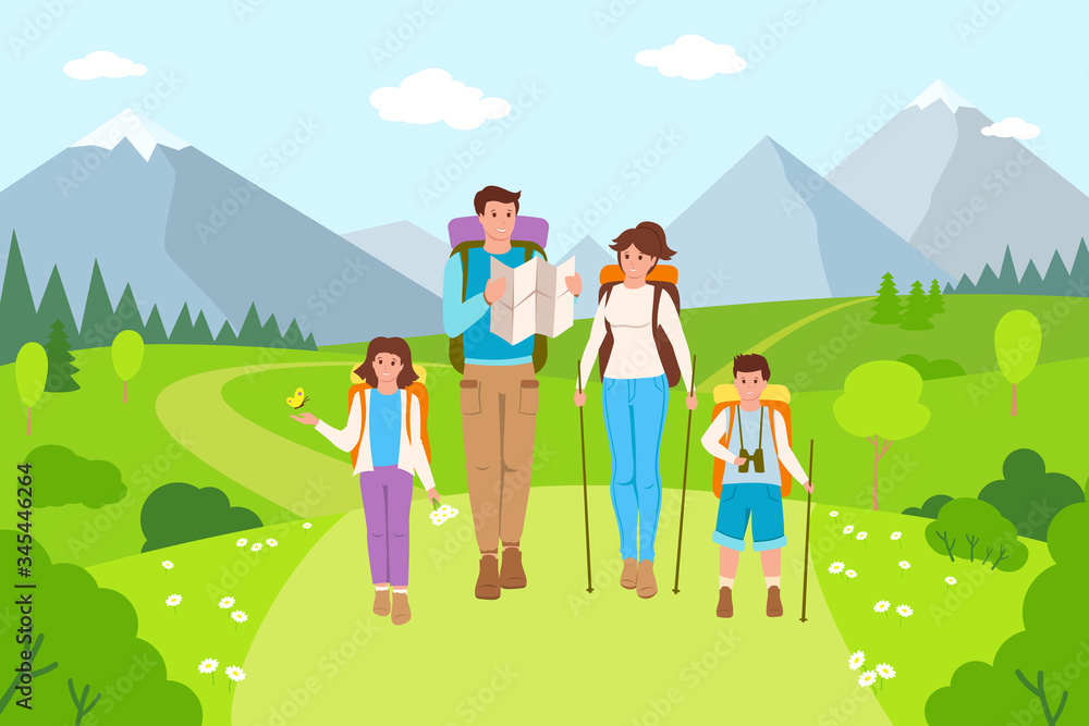 Happy family hiking mountain landscape cartoon people. Father, mother and children traveling. Summer outdoor activities, walk in nature. Beautiful meadow, people travel, tourism. Vector illustration.