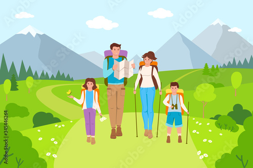 Happy family hiking mountain landscape cartoon people. Father, mother and children traveling. Summer outdoor activities, walk in nature. Beautiful meadow, people travel, tourism. Vector illustration.