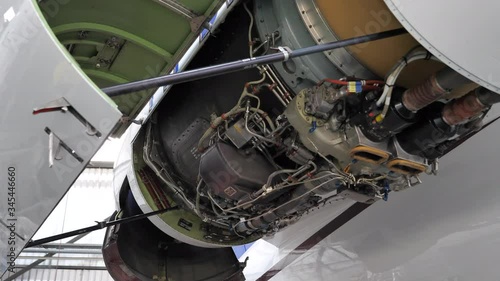 Aircraft Jet Engine in Maintenance for Routine Inspection. Close Up.