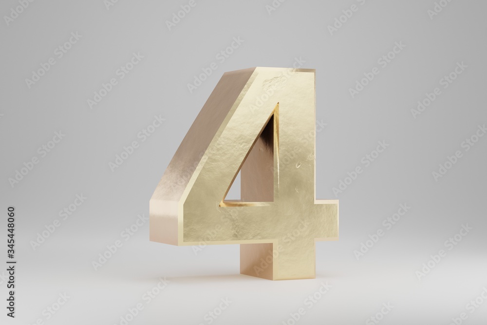 Gold 3d number 4. Golden number isolated on white background. 3d rendered font character. Gold 3d number 4. Golden number isolated on white background. 3d rendered font character.