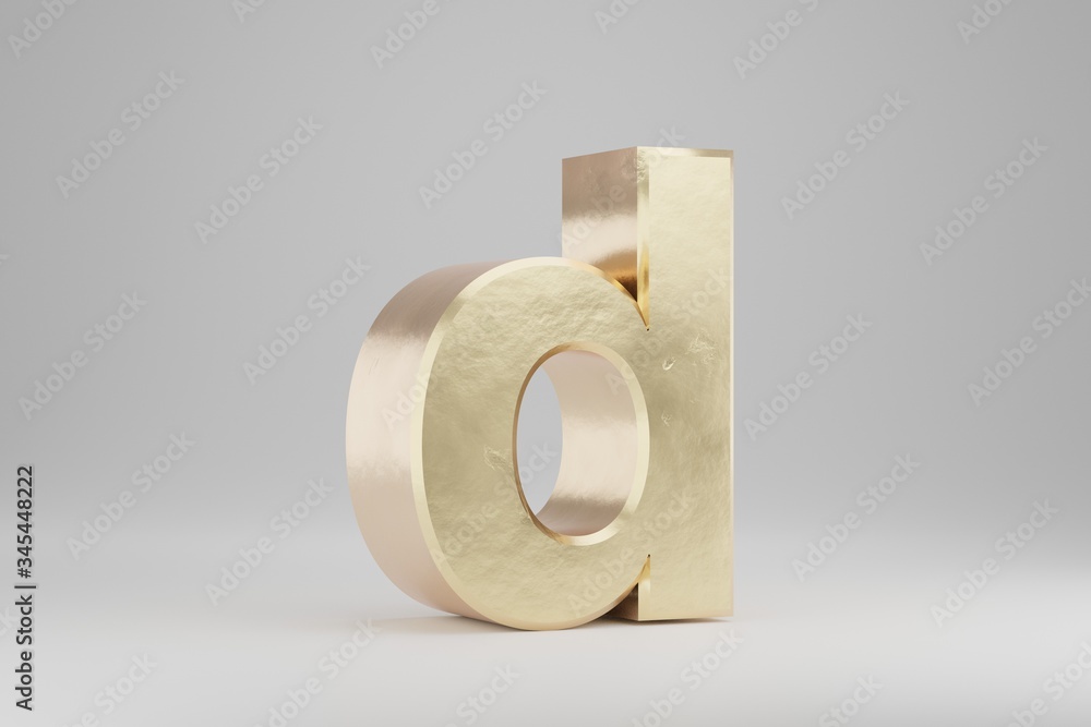 Gold 3d letter D lowercase. Golden letter isolated on white background. 3d rendered font character. Gold 3d letter D lowercase. Golden letter isolated on white background. 3d rendered font character.