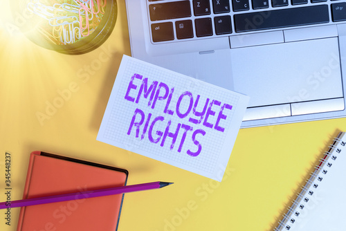 Text sign showing Employee Rights. Business photo showcasing All employees have basic rights in their own workplace Laptop pencil sheet clips container spiral notebook colored background photo