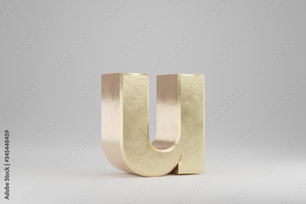 Gold 3d letter U lowercase. Golden letter isolated on white background. 3d rendered font character. Gold 3d letter U lowercase. Golden letter isolated on white background. 3d rendered font character.