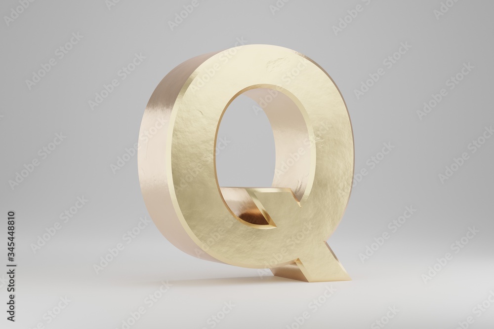 Gold 3d letter Q uppercase. Golden letter isolated on white background. 3d rendered font character. Gold 3d letter Q uppercase. Golden letter isolated on white background. 3d rendered font character.
