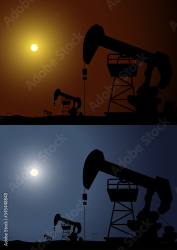Vector of crude oil pumping station, fossil fuel energy for day and night