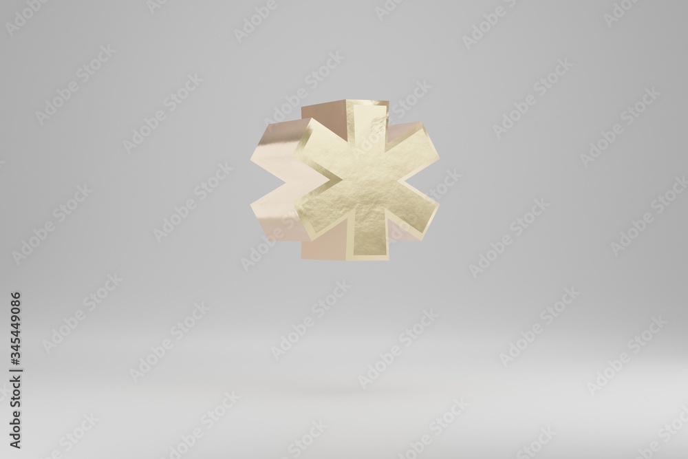 Gold 3d asterisk symbol. Golden sign isolated on white background. 3d rendered font character.