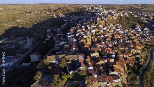 Aerial panning view of medieval village of Fermoselle in Zamora,Spain photo