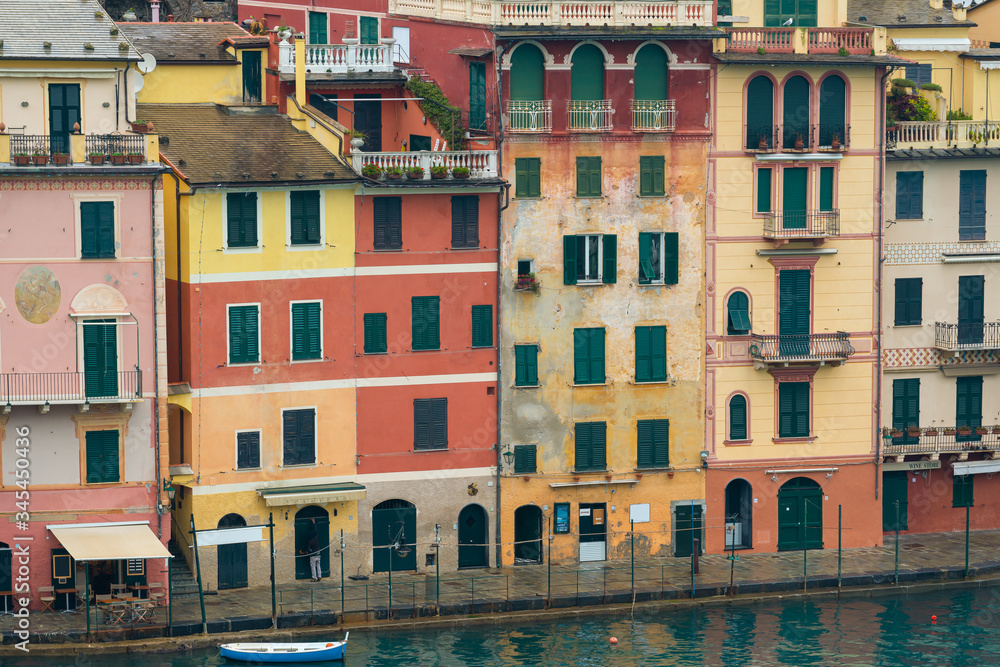 Close up : Colorful houses at square of Portofino. Portofino is a resort famous for its picturesque harbour.