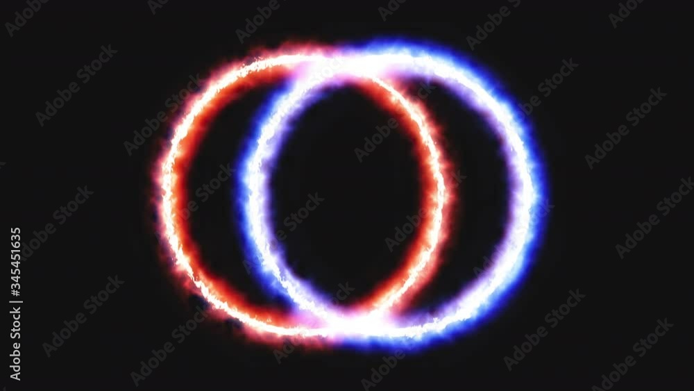 Two rings (red fire, blue ice) appearing over a dark background, merging into a pink bigger one. Two rings (red fire, blue ice) appearing over a dark background, merging into a pink bigger one.