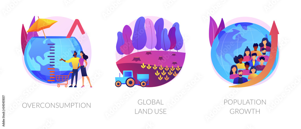Eco problems. Bad land management idea. Human overpopulation, resource depletion. Overconsumption, global land use, population growth metaphors. Vector isolated concept metaphor illustrations
