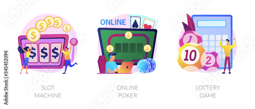 Gambling addiction, internet casino dependence, dangerous entertainment icons set. Slot machine, online poker, lottery game metaphors. Vector isolated concept metaphor illustrations