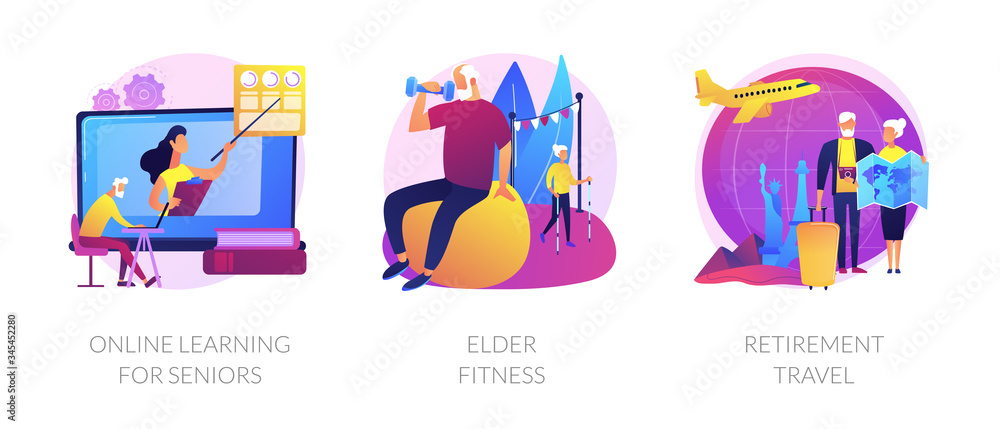 Pensioners lifestyle flat icons set. Grandparents couple planning trip. Online learning for seniors, elder fitness, retirement travel metaphors. Vector isolated concept metaphor illustrations.