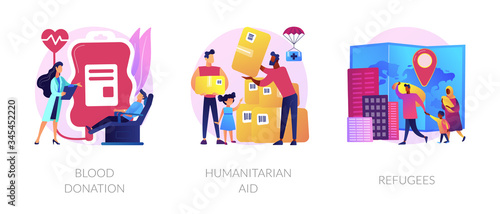 Medical volunteer assistance, charity activities and community service works icons set. Blood donation, humanitarian aid, refugees metaphors. Vector isolated concept metaphor illustrations