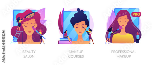 Stylist services flat icons set. Hairdressing procedures, beautician tutorial. Beauty salon, makeup courses, professional makeup metaphors. Vector isolated concept metaphor illustrations.