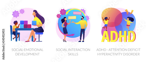 Child psychology icons set. Social-emotional development  social interaction skills  ADHD - attention deficit hyperactivity disorder metaphors. Vector isolated concept metaphor illustrations.