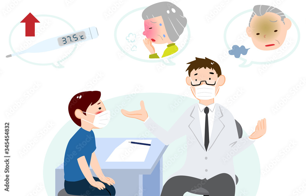 診察室で医師の説明を聞く患者のイラスト 診察室で医師の説明を聞く患者のイラスト