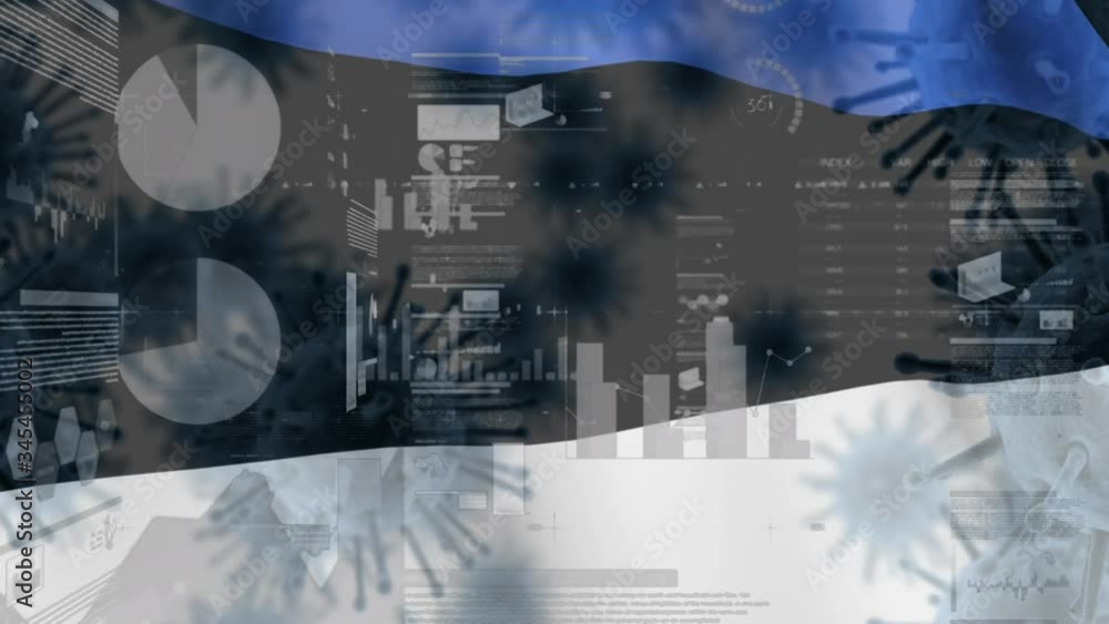 Macro corona virus spreading with Estonian flag billowing in the background Macro corona virus spreading with Estonian flag billowing in the background