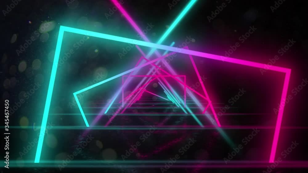 Animation of tunnel of multi coloured glowing geometric outlines moving in on black background Animation of tunnel of multi coloured glowing geometric outlines moving in on black background