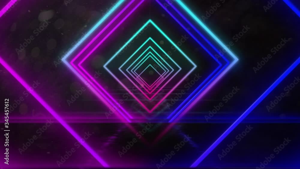 Animation of a tunnel of neon glowing geometric diamond moving on black background Animation of a tunnel of neon glowing geometric diamond moving on black background