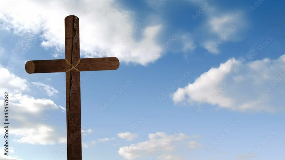 Animation of wooden Christian cross over blue clouds moving in background Animation of wooden Christian cross over blue clouds moving in background