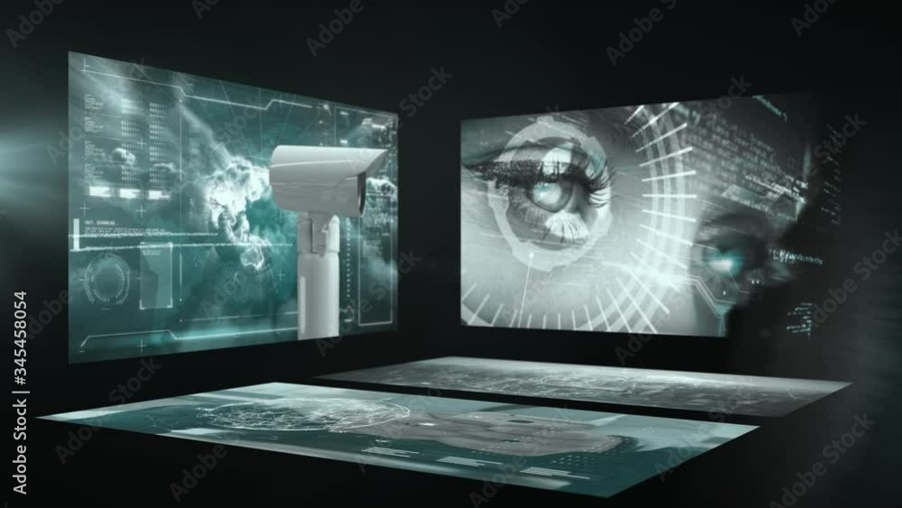 Image Processing Cctv Animation of screens with human eye and CCTV camera with data ...