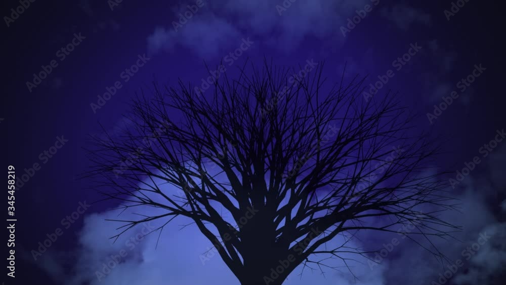 Animation of white clouds moving over black silhouette of a tree on purple sky Animation of white clouds moving over black silhouette of a tree on purple sky