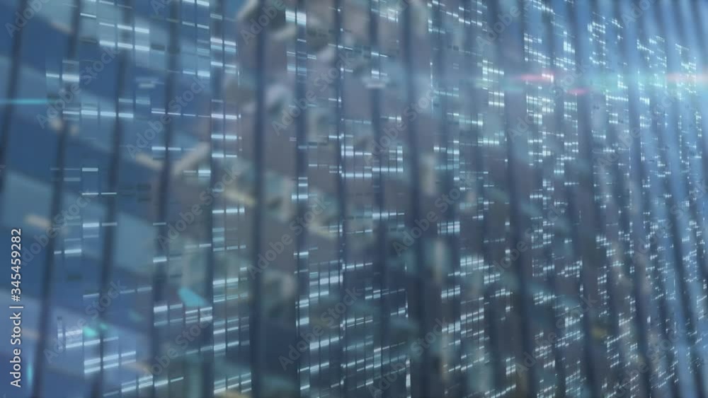 Animation of data processing over modern office building. Animation of data processing over modern office building.