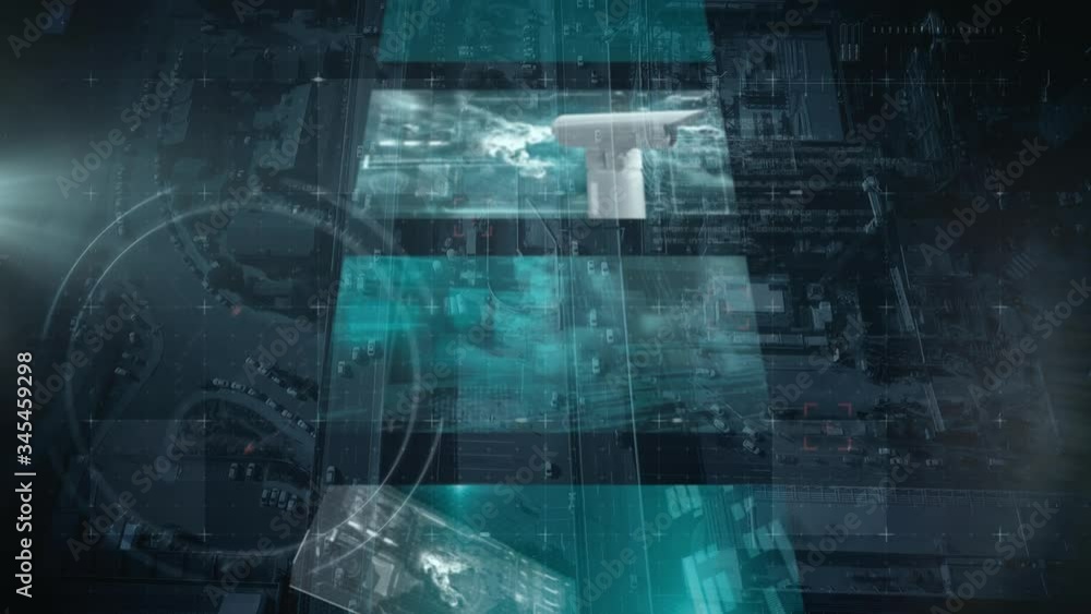 Animation of data processing over cityscape. Animation of data processing over cityscape.