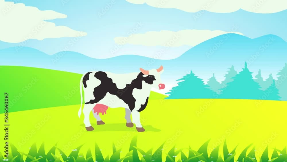 of cow standing on a lush meadow surrounded by green hills high grass under blue cloudy sky with mountains and pine wood shadows on the horizon of cow standing on a lush meadow surrounded by green hills high grass under blue cloudy sky with mountains and pine wood shadows on the horizon
