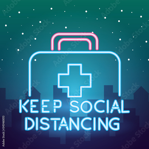 keep social distancing recomendation covid19 neon light photo